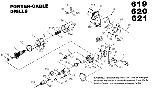 Default Diagram and Parts List for J-619 Type 5 Porter Cable Boring Machine